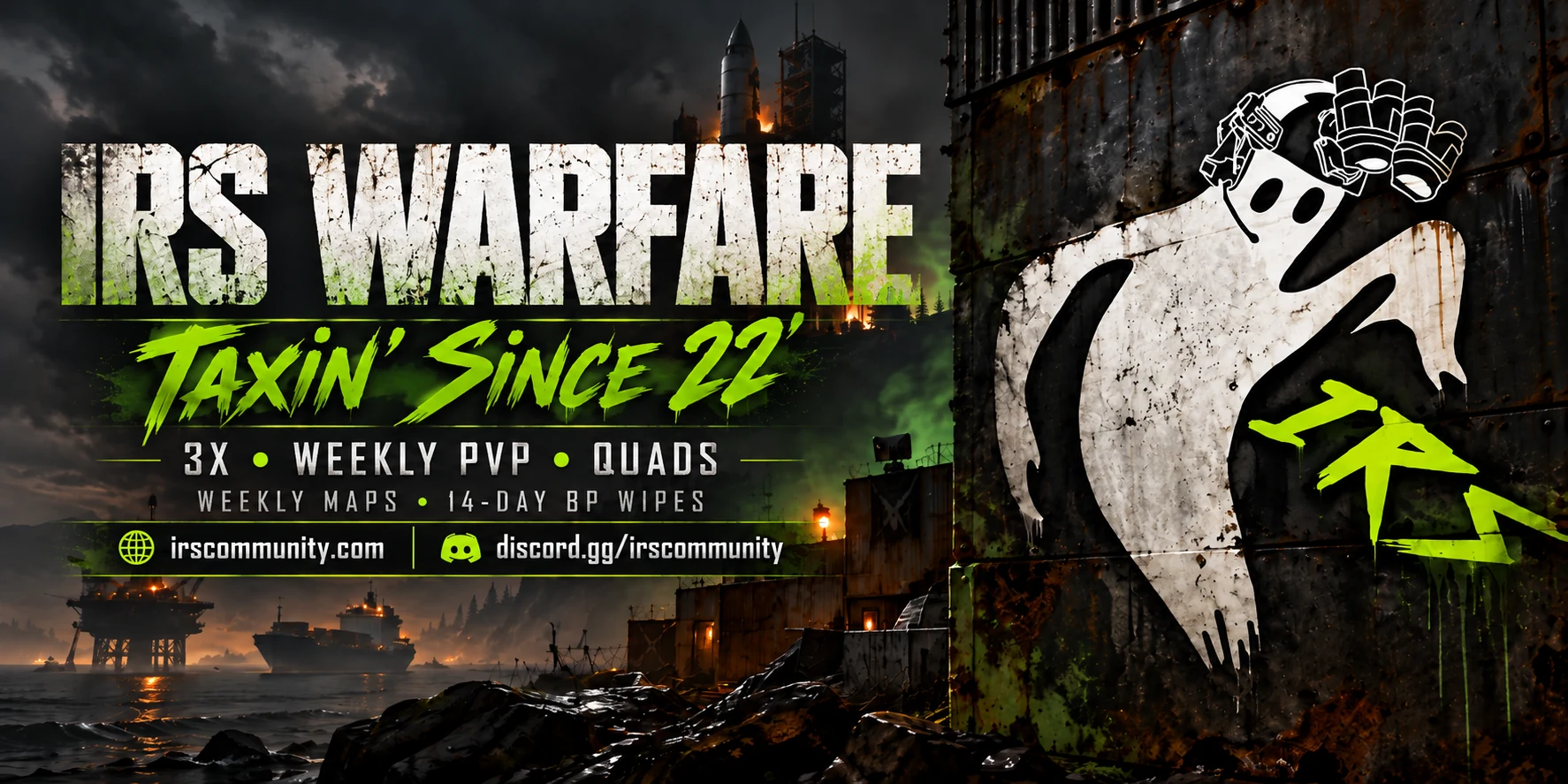Psyop overlooking an industrial coast. IRS WARFARE — 3X, Quads, Weekly. Build fast. Hit hard.